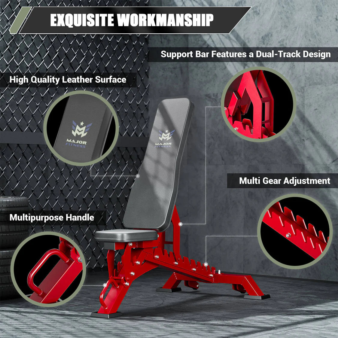 Major Fitness Adjustable Bench | 1300Lbs Capacity Weight Bench PLT01 - Red